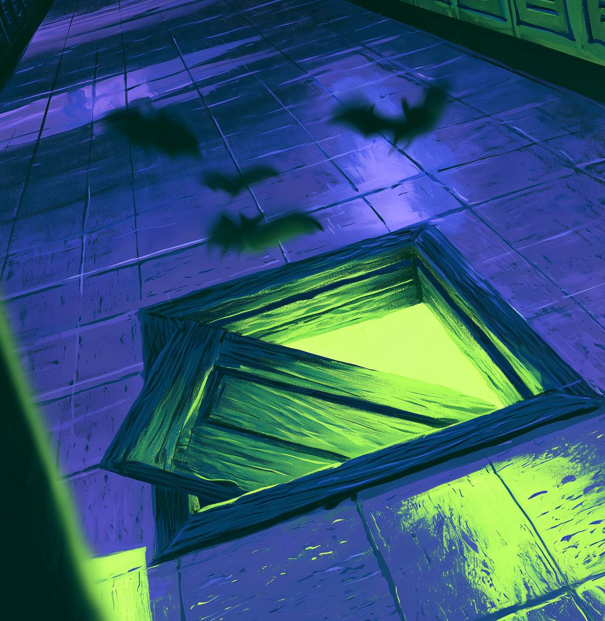 A painting of a dark school hallway lined with lockers. Bats fly low over the floor tiles toward a wooden trapdoor that stands half open, glowing acid green from below.