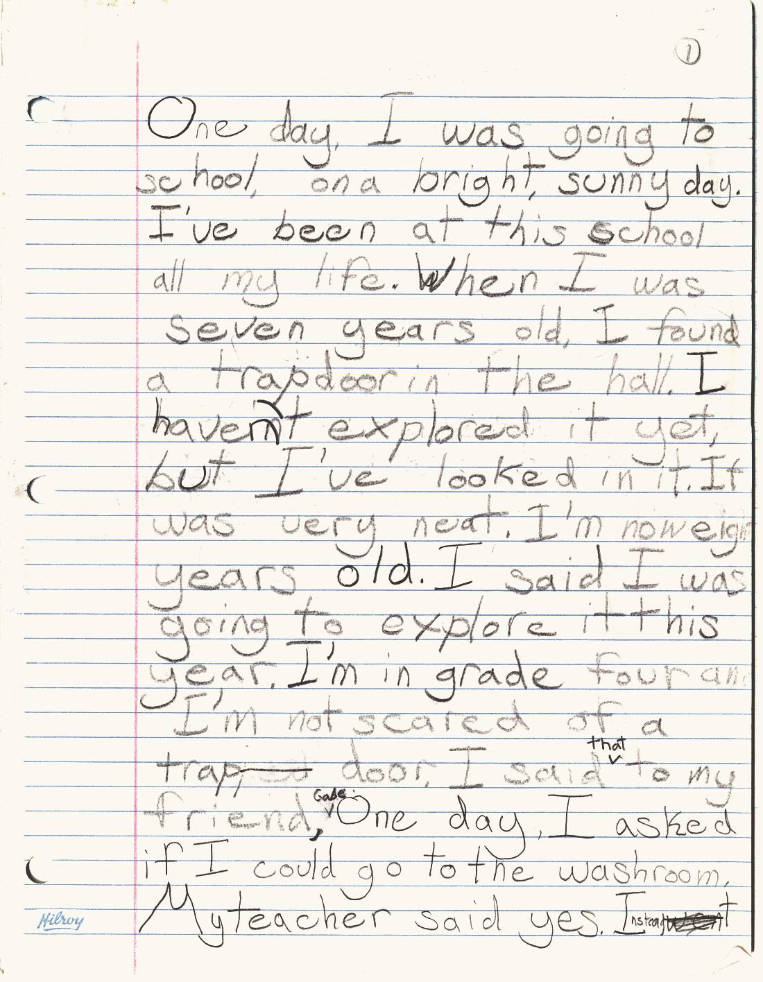 Handwritten page 1 of 50, pencil on lined paper, from chapter 1. It begins: One day, I was going to school